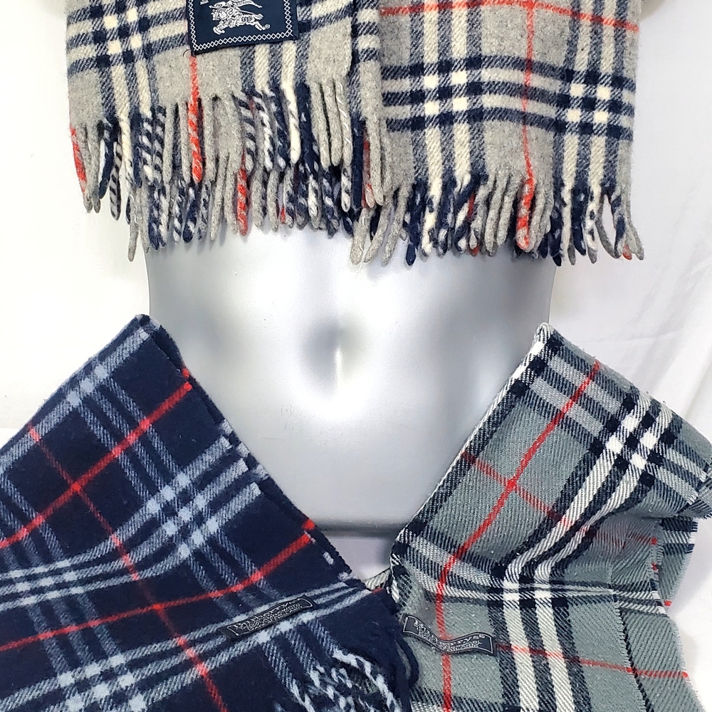 Burberry Plaid Cashmere Scarf - Navy, Gray & Red